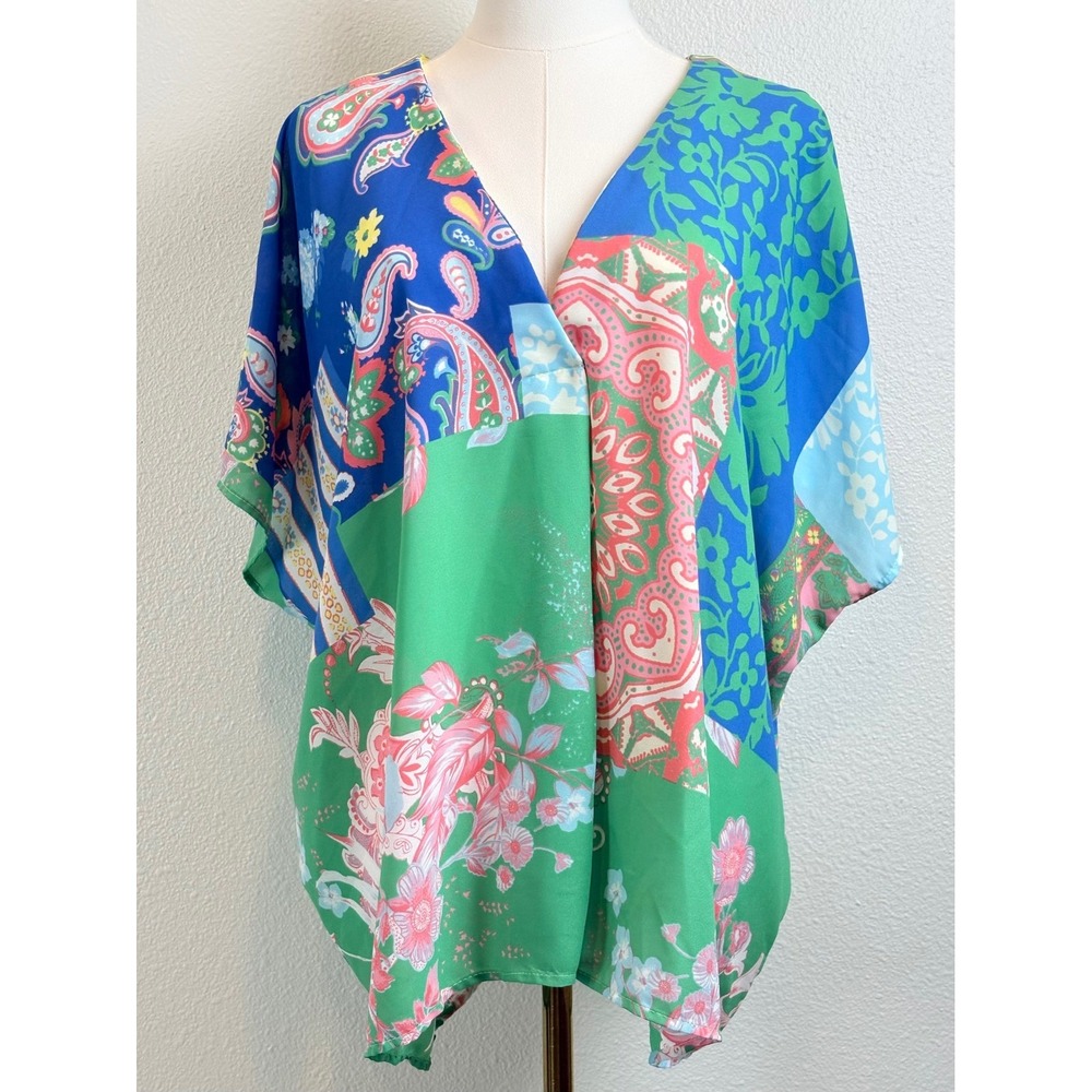 Boho Patchwork Paisley Kimono Tunic Blue Resort Cover Up Coastal Grandmother